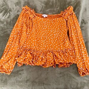 LOFT Orange Polka Dot Ruffled Peasant Top